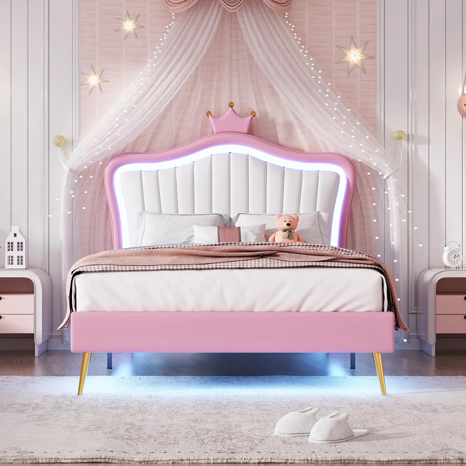 Princess Bedframe with Crown Headboard & LED Design,for Girls Bedroom,No Box Spring Needed & Easy Assembly, Pink