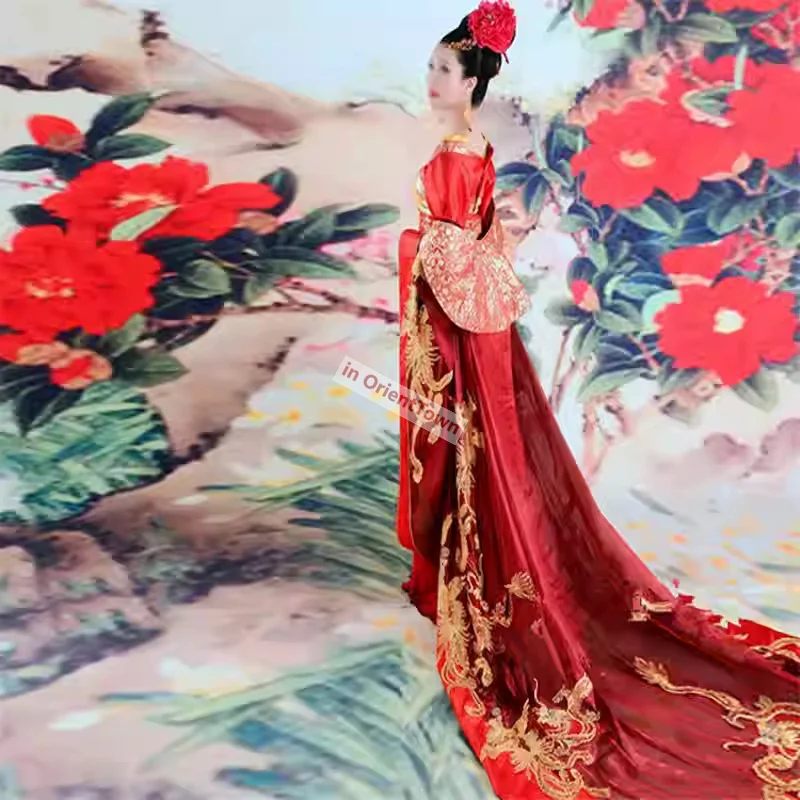 Studio Theme Photography Tang Dynasty Ancient Costume Wedding Dress Long Tail Embroidered Phoenix Sleeve Wu Zetian Hanfu Outfit