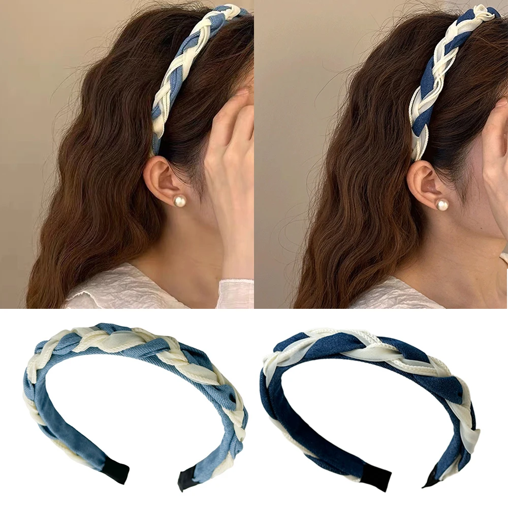 Braided Twist Hair Hoop Blue White Denim Knit Head Hoop Cross Woven Headband Fashion Hair Accessories Women Simple Headwear