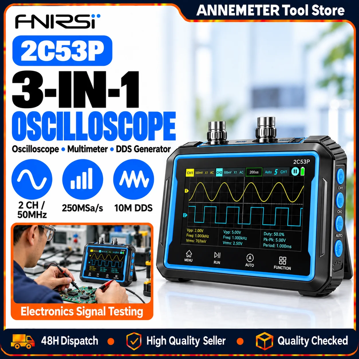 FNIRSI 2C53P 3-in-1 50MHz Oscilloscope Multimeter DDS Signal Generator 2 Channel Oscilloscope, 250MS/s Sampling, 19999 Counts