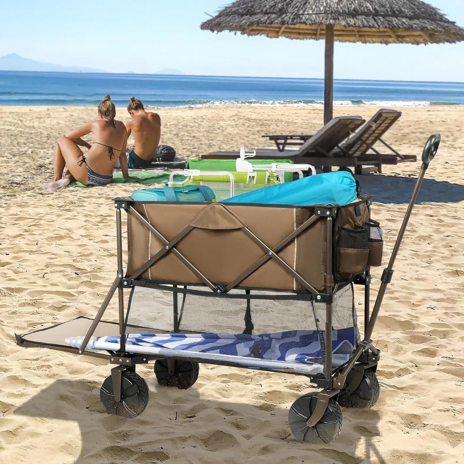

400L Large Capacity Folding Double Decker Wagon Extra Long Extender Collapsible Wagon Cart All-Terrain Big Wheels for Camping