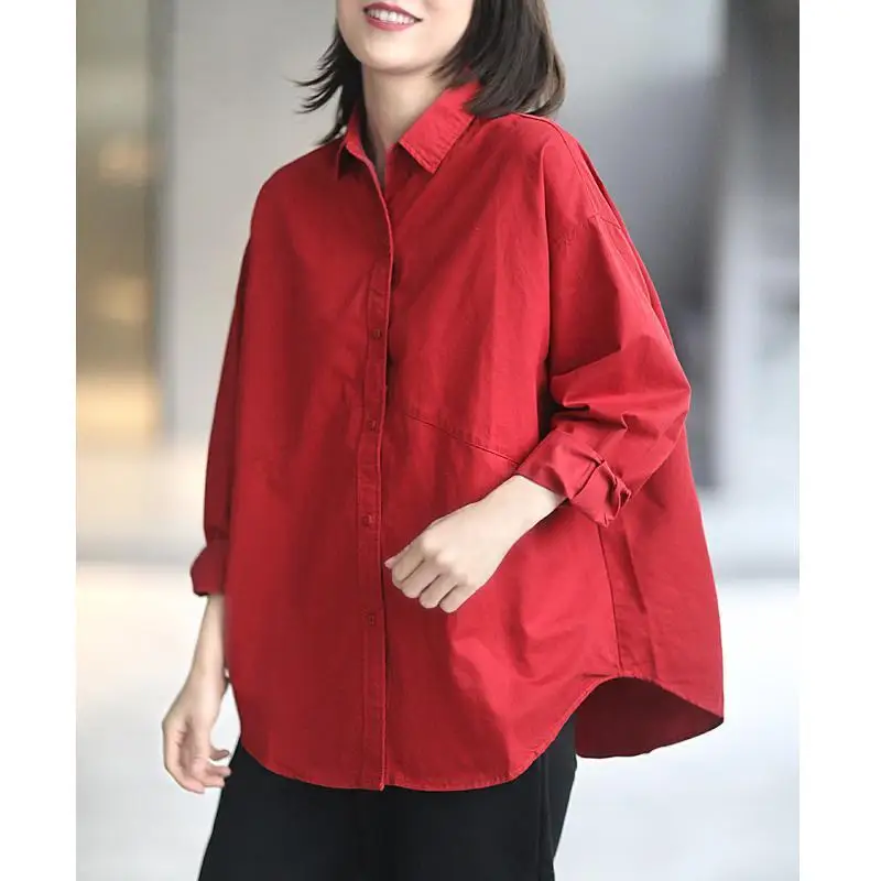 Red Long Sleeved Shirt For Women\'s 2023 New Spring And Autumn Loose Casual Lapel Top