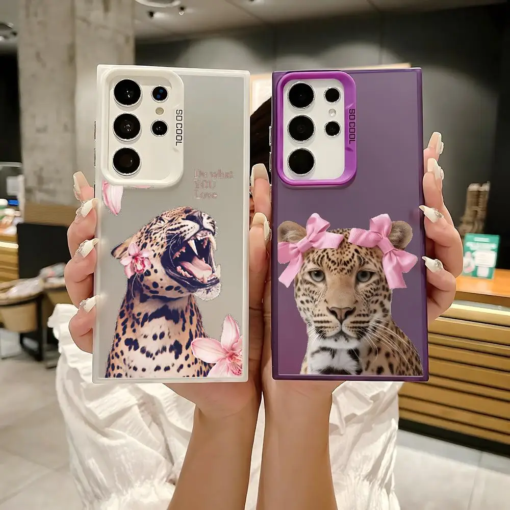 Pink leopard-shaped bow tie Phone Case For Samsung Galaxy S25 Edge S24 S23 S22 S21 S20 Ultra Silicone Colorful Silver Phone Case