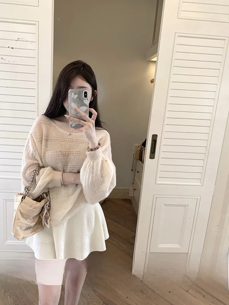 

Lazy Sle Thin Wool Camere Springting Feifei Coat Sweater Eleven Girls Loose Fit Long Sve round Ne Pure Color Knitted...