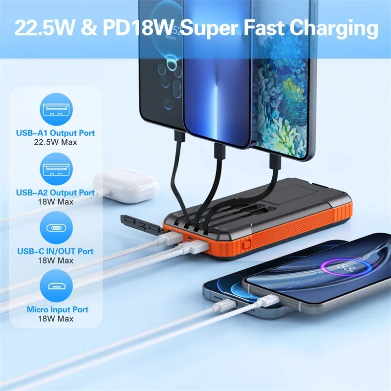 33800mAh Solar Power Bank 22.5W Fast Charging Powerbank with Cable for iPhone 14 13 Xiaomi Huawei Qi Wireless Charger Poverbank