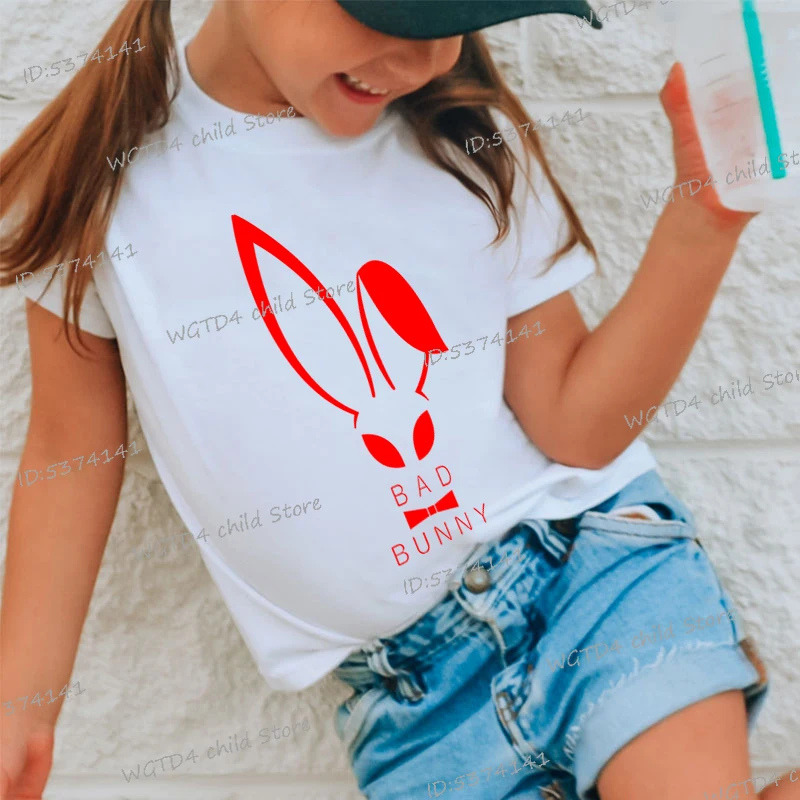 Kids Bad Bunny T Shirt Red Wicked Rabbit Print T-shirts Round Neck Funny Short Sleeve Happy Easter New Boys Girls Animal Tshirt