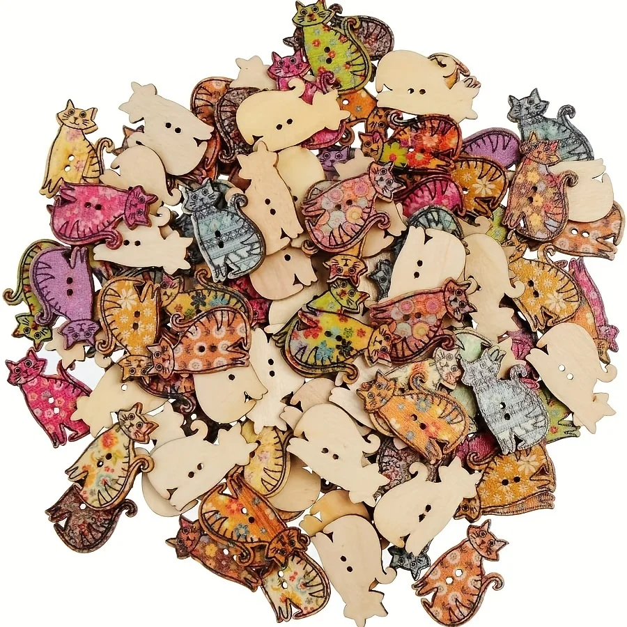 Cartoon cat wooden button Kitten Wooden button animal Wooden button 25pieces/pack