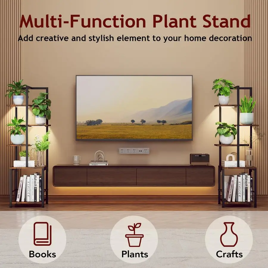 

Stand Indoor with Grow Light, 5Tiered Tall Plant Stand Indoor, Metal Plant Shelf with Bookshelf Bookcase and Adjustable Light, I