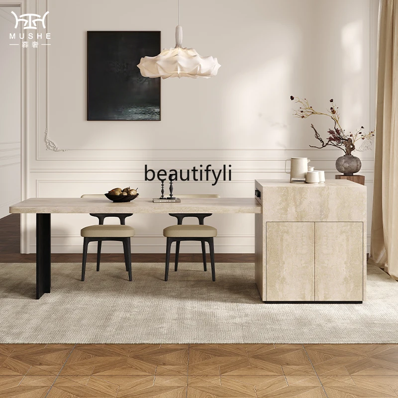 French travertine rock slab dining table and chair combination simple rectangular designer dining table