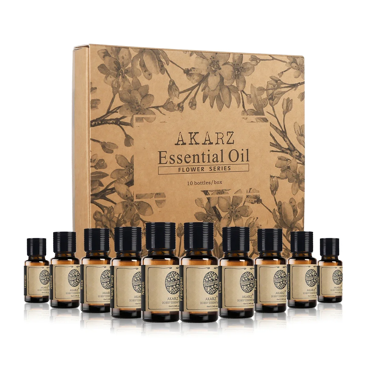 AKARZ Flower Serie 10 Jasmine,Rose,Geranium,Lily,Rosemary,Lotus,Chamomile,Honeysuckle,Helichrysum,Cherry Blossom Essential Oil