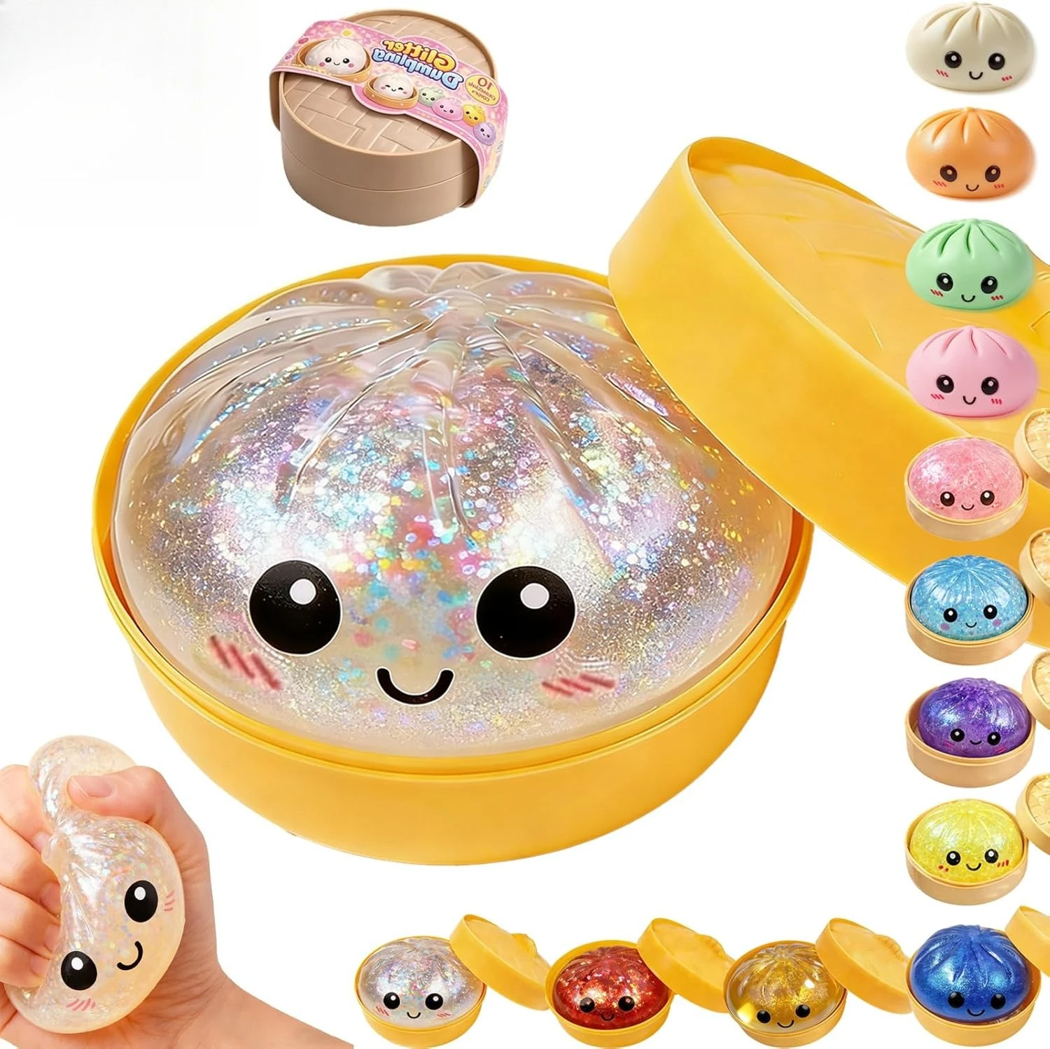 Glitter Dumpling Squishy con Purpurina, Glitter Dumplings Squishy, Juguete Antiestrés, Masilla Suave para Apretar y Descomprimir