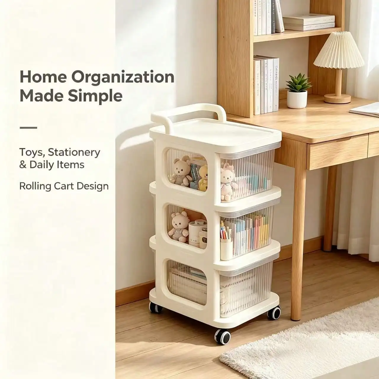 3‑Tier Rolling Storage Cart With Transparent Drawers, Mobile Wheeled Plastic Trolley With Handle, Multi‑Drawer Organizer For Toys, Stationery, Cosmetics, Bedroom, Office, Bathroom Home Storage