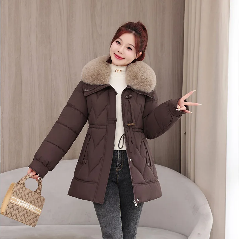 Women Mid Lenth Parkas Coats Oversize Jackets Solid Fur Collar Zipper Drawstring Elastic Loose Casual Elegant Autumn Winter 2025