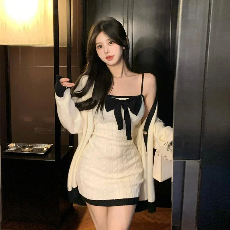 

Sweet Bow Design Knitted Two Piece Set Dress Women 2023 Winter Long Sleeve Sweater Korean Style Sexy Club Party Dresses Suit