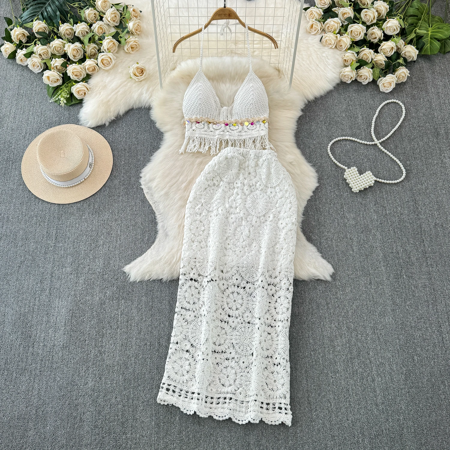 

ALPHALMODA 2024 Bohemian Travel Vacation Style Summer Strap Crochet Vest +pattern Crochet Skirt Women Stylish Beach Suit