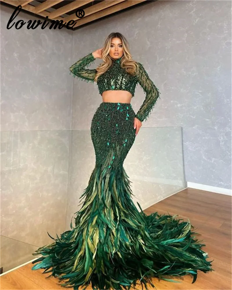 Two Pieces Green Beaded Evening Dresses Mermaid Elegant Long Sleeves Prom Dresses With Feathers Train Robes De Soirée Party Gown