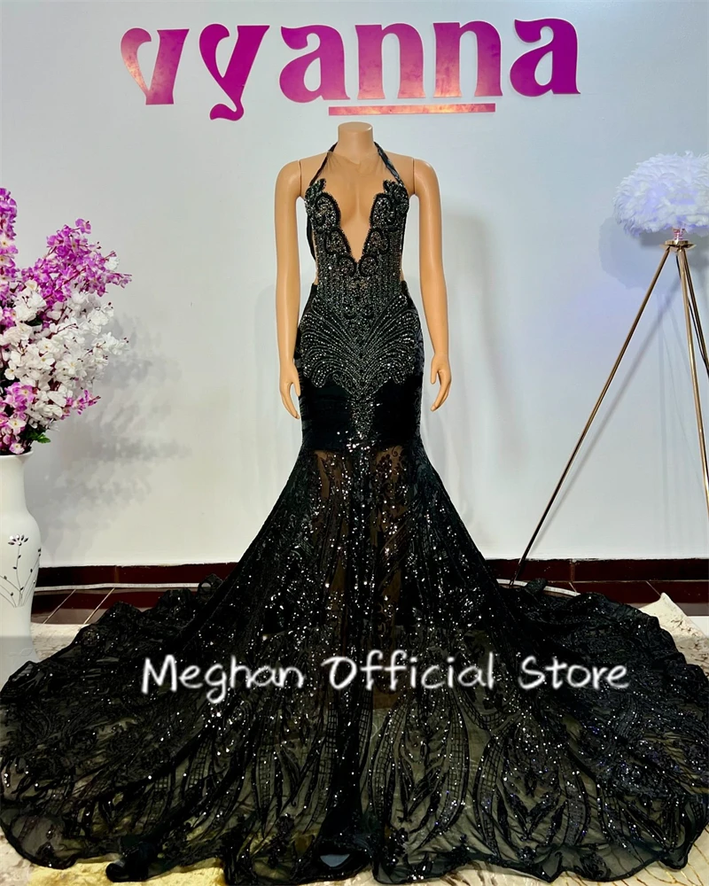 Black Sequin Long Prom Dresses Bead Crystal Rhinestone Luxury Dress Women 2025 High Quality Halter Evening Dresses Customized