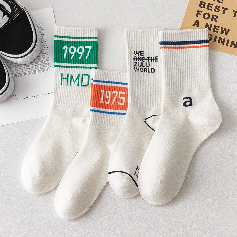 

1/4 Pairs Tide Spring and Autumn Pure Cotton White Stockings Korean Version Versatile College Style Street Tide Women's Socks