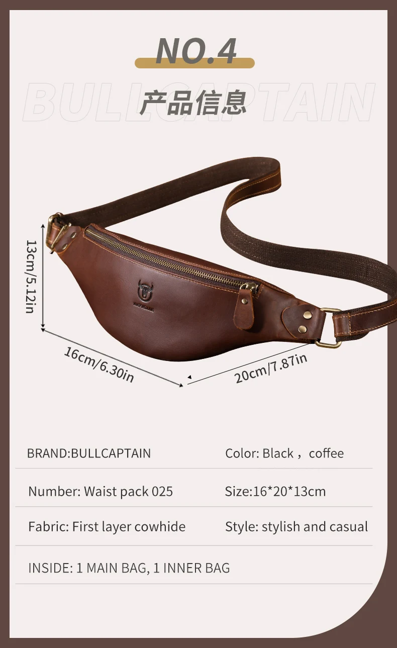 BULLCAPTAIN Herren-Gürteltasche aus Crazy Horse-Leder, klassische Retro-Umhängetasche, Aufbewahrung im Freien, Bergsteigen, Handytasche – Detail 5