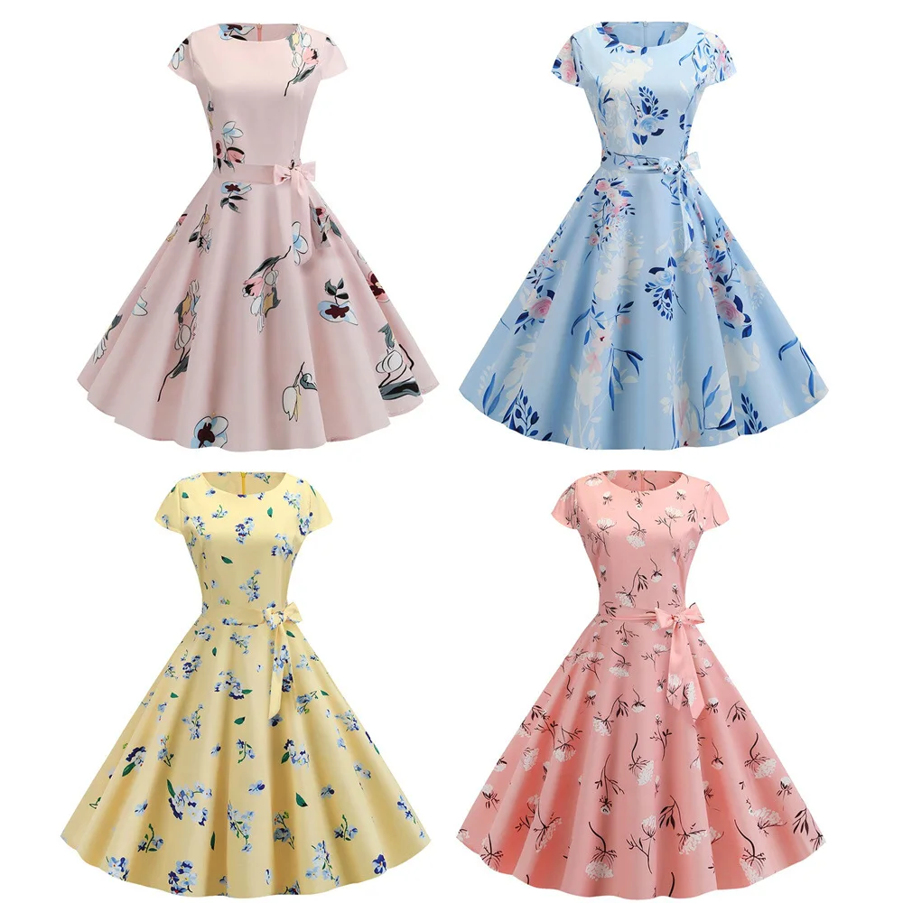 Nice flower print Women Rockabilly Flare Dress Swing Cocktail Dress 1960s 50s Audrey Hepburn Retro Vintage Party Dresses