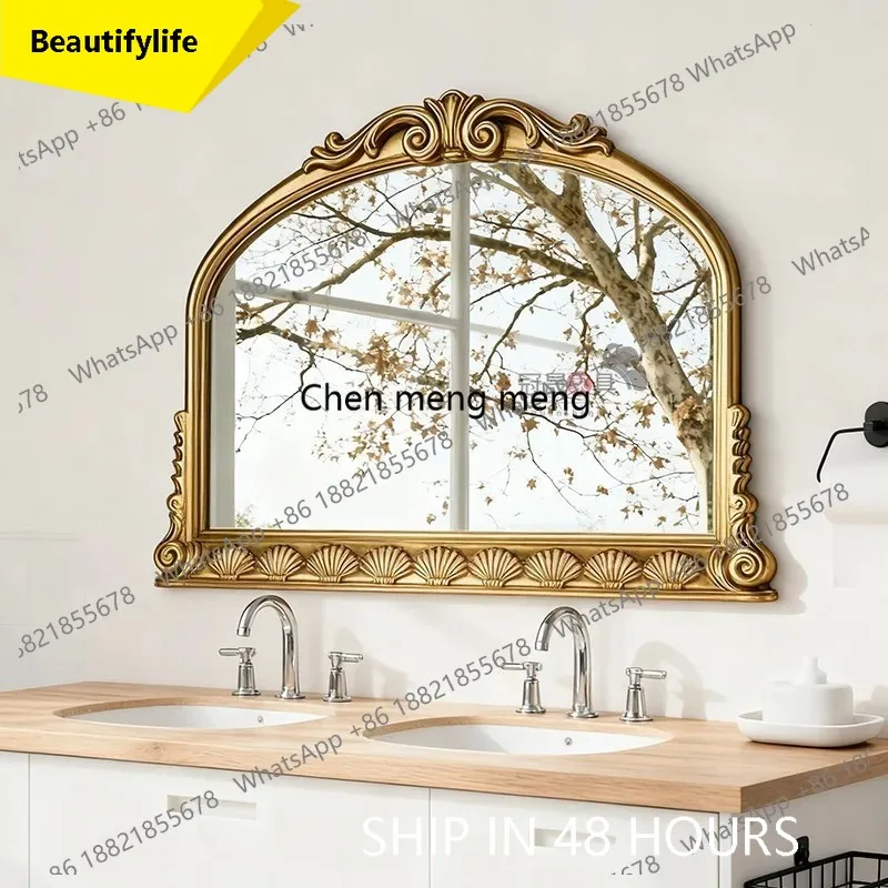 A17 European retro bathroom mirror toilet arched carved makeup mirror French bedroom