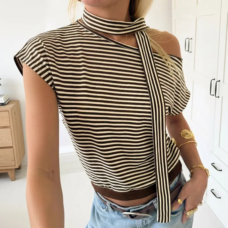 2026 Summer New Hot Sale Daily Casual Style Tops Asymmetrical Diagonal Collar Striped T-Shirts for Women