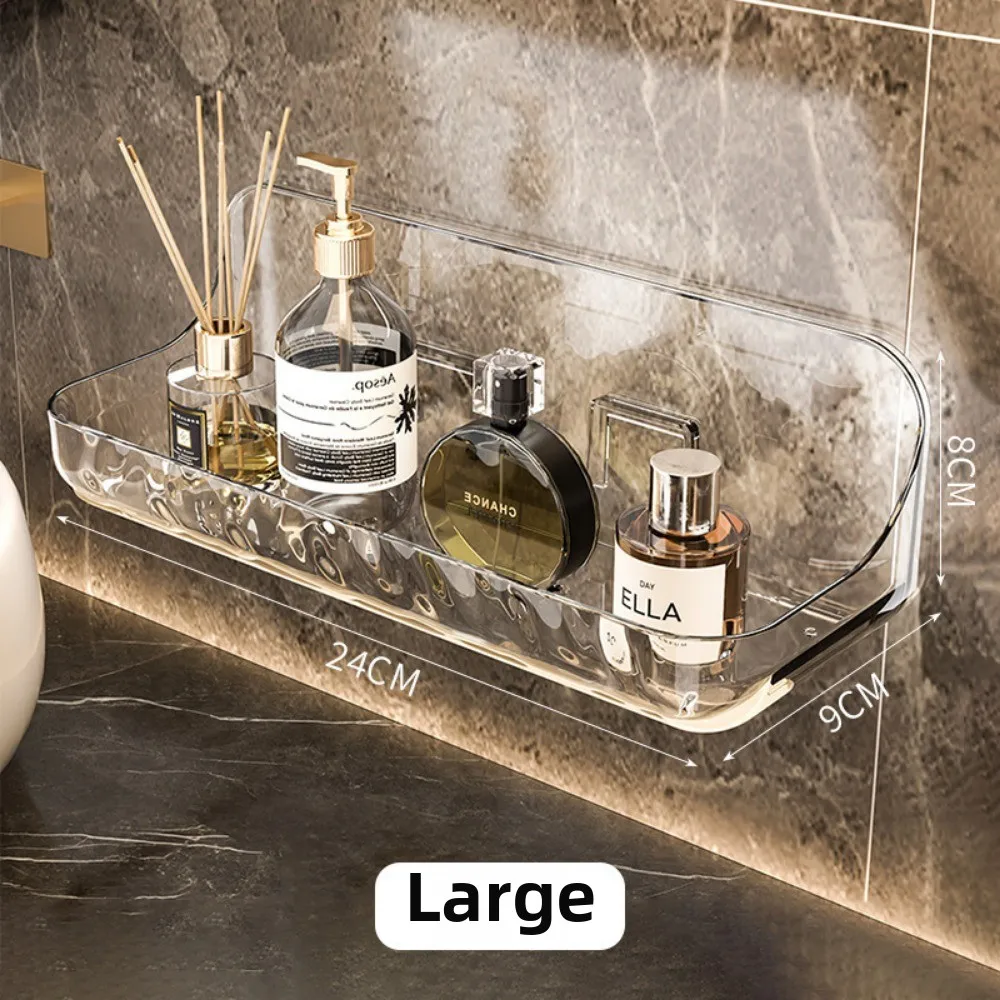 Prateleira de banheiro acrílica sem broca, organizador de parede para shampoo, economia de espaço, armazenamento de banheiro, prateleira de canto