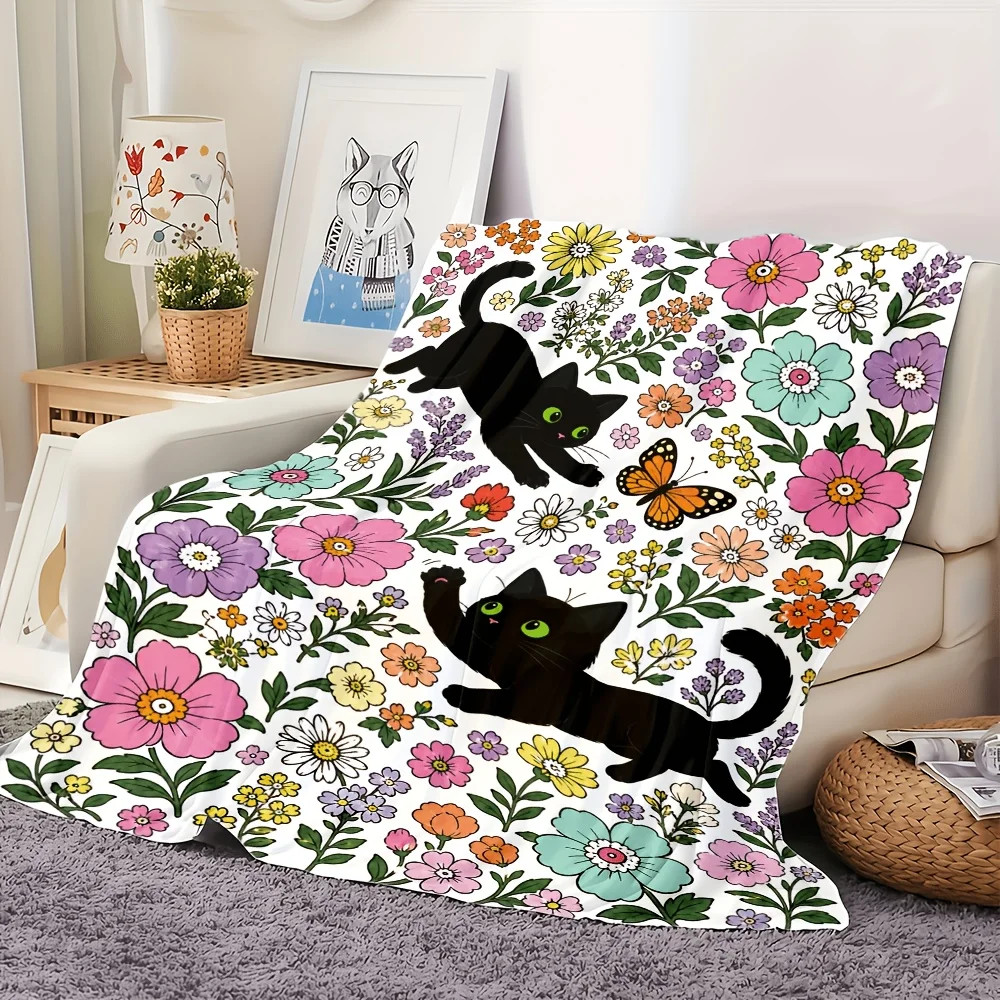 1pc Green-Eyed Black Cat & Print Blanket - Heavyweight 280GSM Flannel Bedspread Suitable for Seasons, Cozy Sofa Throw for Bed, Dorm, Car, Machine Washable Cat-Themed Gift for &, Warm Winter Decor (Multi-Size Options)