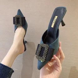 Baotou Half Slipper Clogs Shoe Women Pointed Toe Stiletto High Heels Korean All-match Pumps Luxury Square Rhinestone Mules Shoes