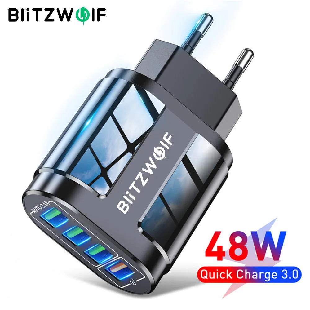 BlitzWolf BK-385 48W 4 USB Ports QC 3.0 Fast Charger Wall Travel Charging EU Plug Adapter For 14 14 Plus 14 Pro for Galaxy S22