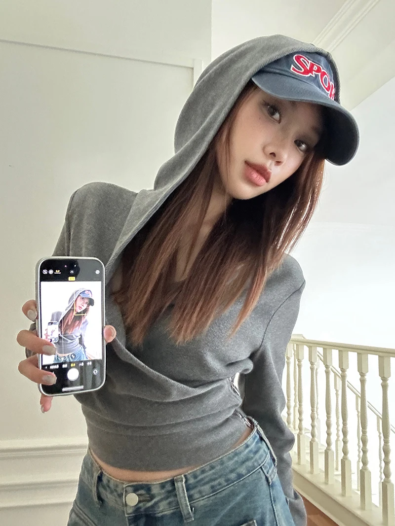 Koreaans ontwerp Cross Hood Long Sve Sweatshirt Dames Faion Sweet Cool Sle Winter Nieuwe collectie Slim Fit ort Top