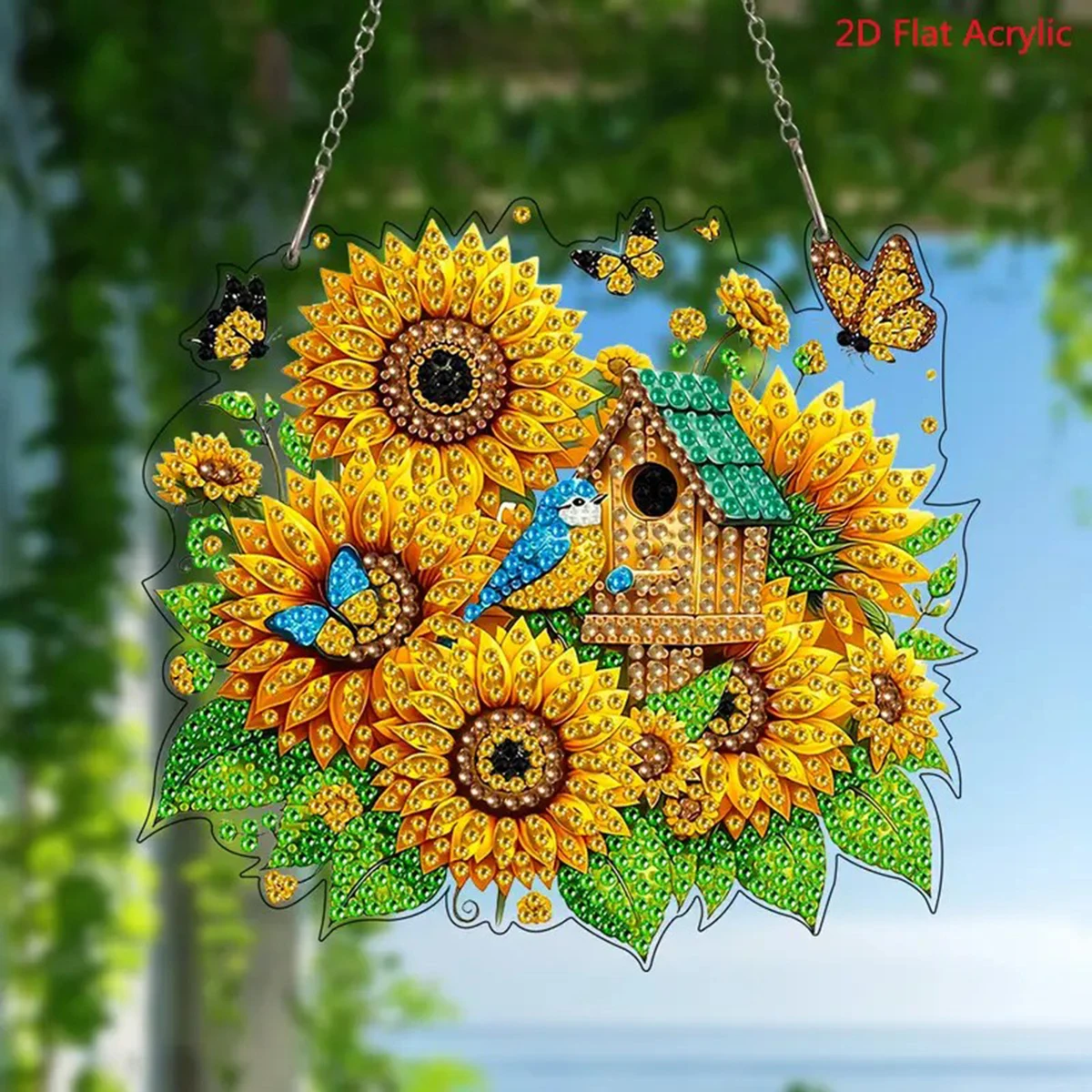 2D flat, vibrant sunflower and birdcage diamond art set - unique shaped acrylic gemstone pendant, butterfly decoration pendant,