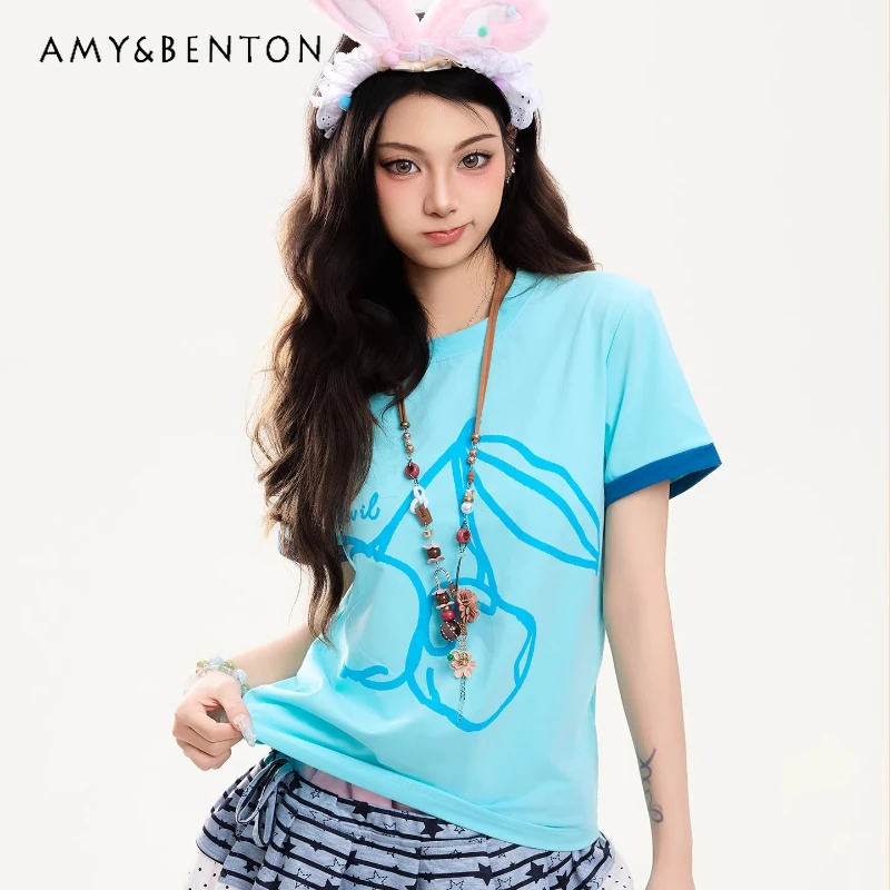 

Original Design Sub-culture Casual Fruit Print Women's Top 2026 Summer Lake Blue Age-reducing Loose Short-sleeved T-shirt Ladies
