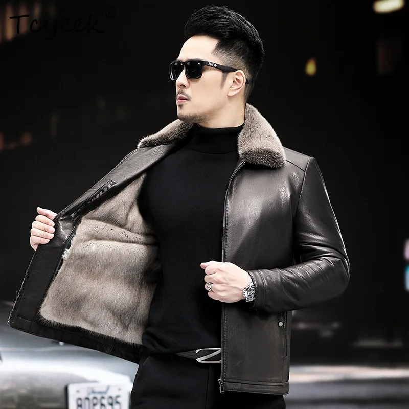 Tcyeek معطف فرو المنك الطبيعي الرجال الملابس الشتوية الشظية الأزرق المنك الكامل 2025 الطبقة العليا جلد الماعز سترة جلدية حقيقية معاطف رجالي