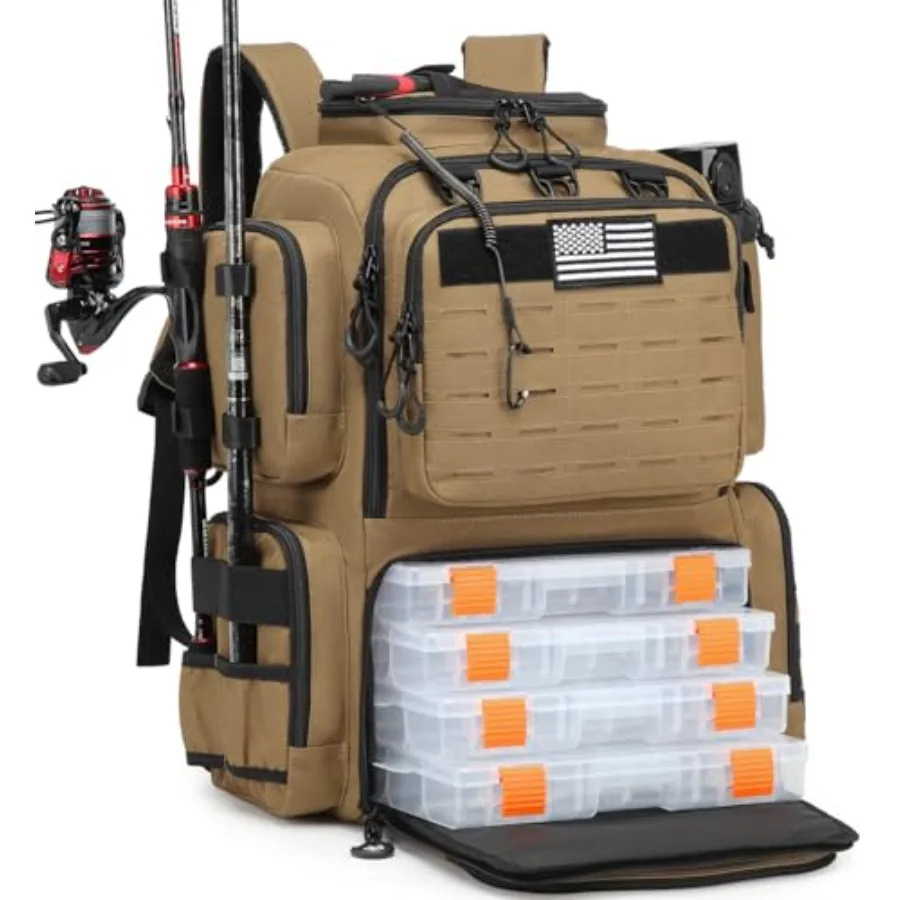 

Tactical Fishing Backpack with Tackle Boxes, Rod Holders and Bottle Holder, 50 L Large Insulated Fishing Tackle Box Backpack wi