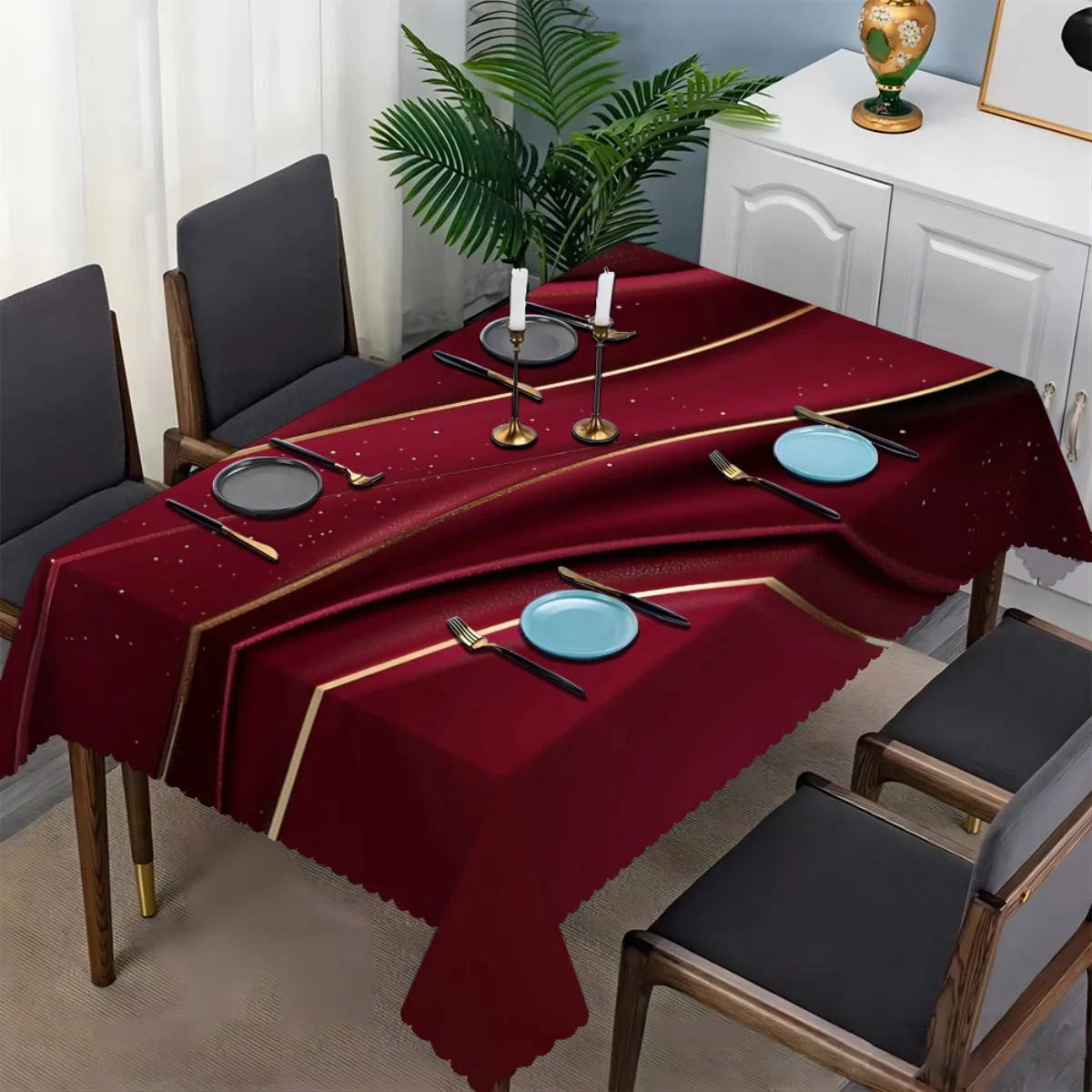 One elegant red gold geometric pattern fan-shaped edge tablecloth - made of durable polyester fabric