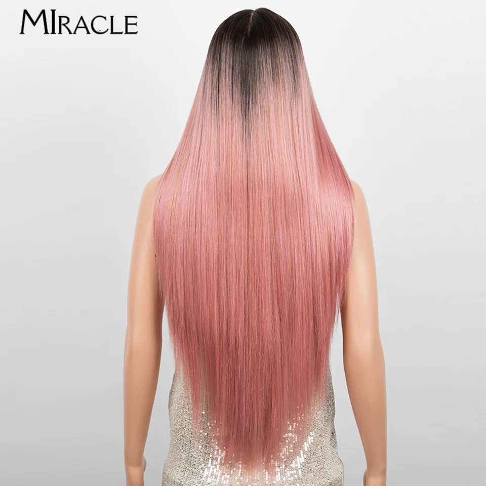 Miracle Straight Synthetic Wigs for Women Synthetic Lace Front Wig 34inch Straight Hair Wig Ombre Pink Blonde Wig Cosplay Wigs