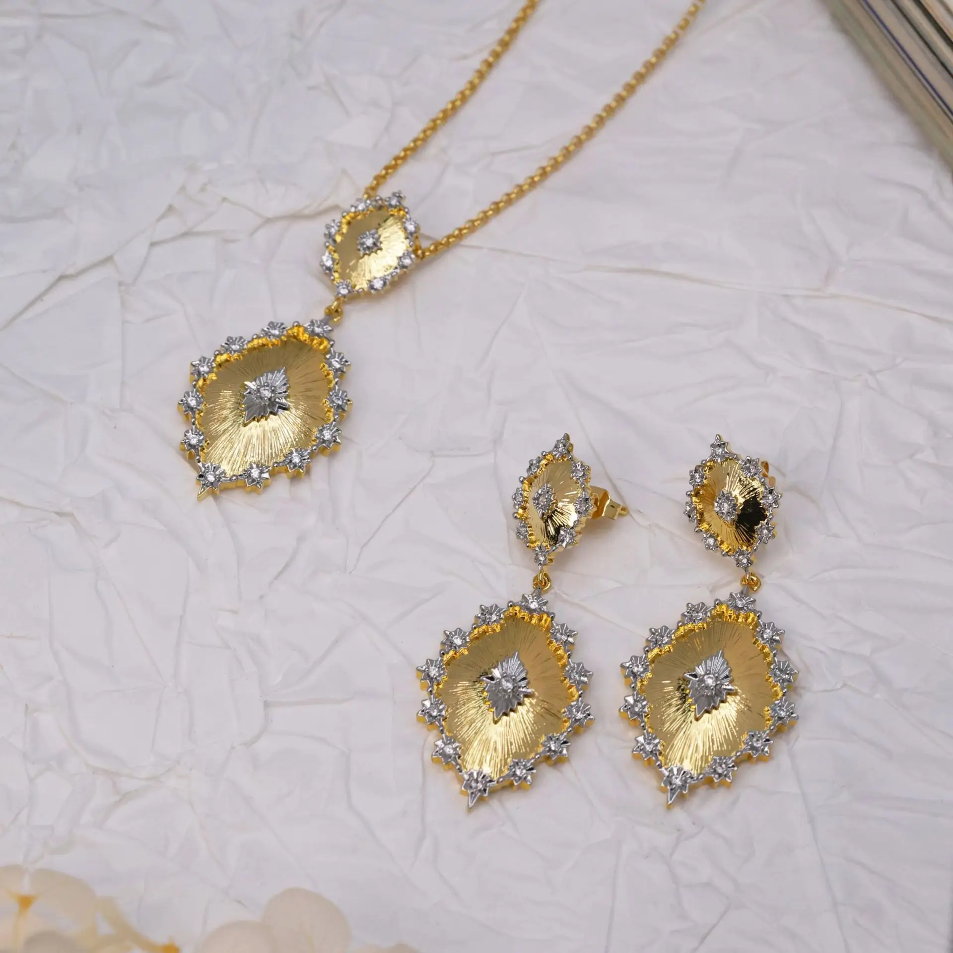 

Vintage Lace Floral Jewelry Set - 18K Gold Plated Pendant Necklace & Two-Tone 925 Sterling Silver Earrings, Elegant Bridal Gift