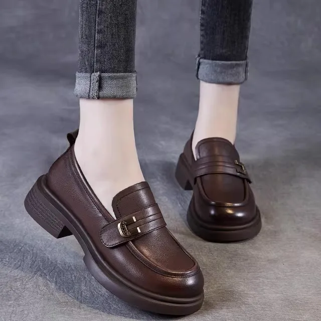

Casual Thick Bottomed Genuine Leather round Toe British Style Flats Women's Fashion Single Shoes Comfortable All-Season Loafers