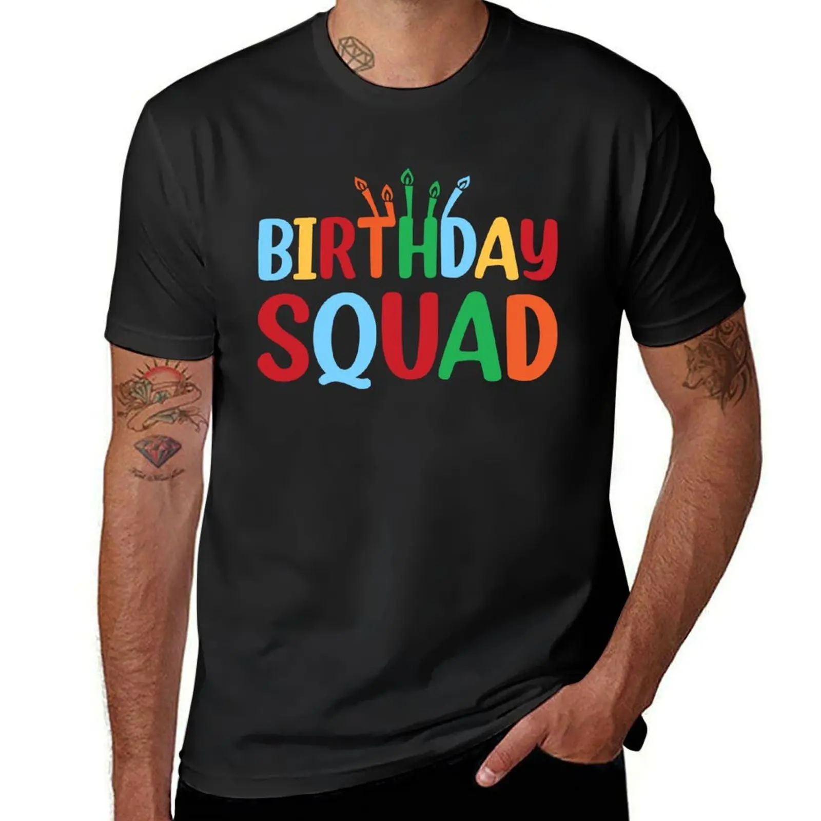 Birthday Squad Colorful Alphabets Celebrate Birthday Vintage T-Shirt tees tops Short sleeve tee blacks Men's cotton t-shirt