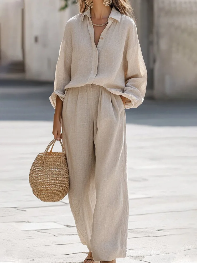 Women's Cotton 2-Piece Set Oversized Long-Sleeve Button-Down Shirt Wide-Leg Pants with Elastic Waist Loose-Fitting for Vacation