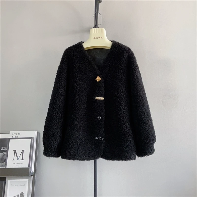 Women Girl Sheep Shearling V-neck Multifaceted Design Buttons Short Coat Female Lamb Wool Warm Coat PT452