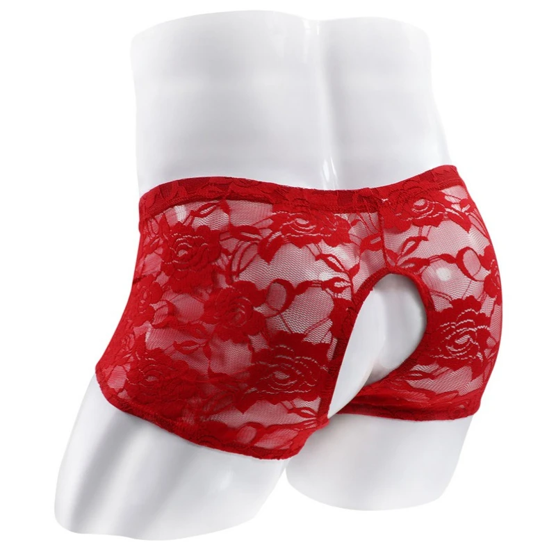 الرجال الملاكمين الدانتيل الوردي انظر من خلال الملابس الداخلية سيسي مفتوحة المنشعب الملابس الداخلية مفتوحة الجبهة القضيب سراويل كروسدريس ملابس النوم #6