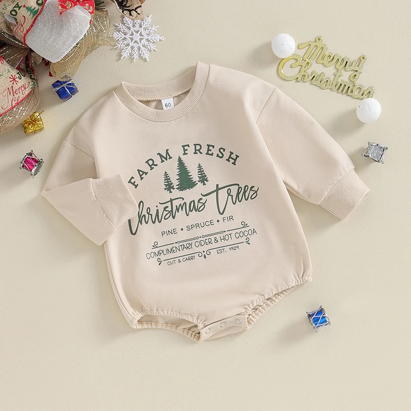 Baby Christmas Sweatshirt Romper Long Sleeve Crew Neck Letters Tree Print Bodysuit Xmas Clothes for Girls Boys