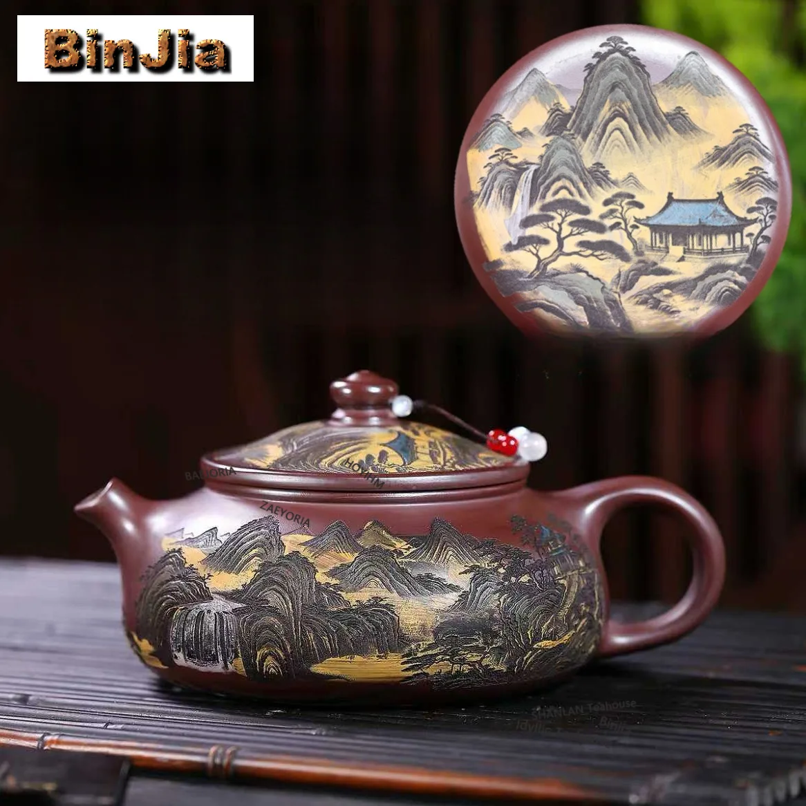

640ml Retro Yixing Purple Clay Teapots Handmade Color Engraving Landscape Pot Raw Ore Stone Red Mud Kettle Chinese Zisha Tea Set