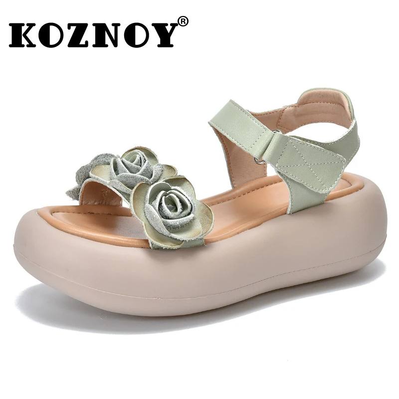 

Koznoy 5.5cm Cow Genuine Leather Women Sandals Flower Slippers Platform Wedge Mary Jane Shoes Flats Hook Fashion Summer