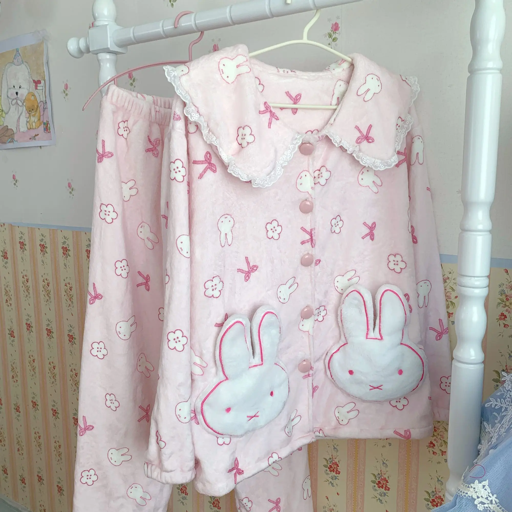 

Kawaii Pink Rabbit Flannel Pajamas for Cute Women with Long Sleeves Thick Velvet Cartoon Student Home Clothes Girls Gifts Toys