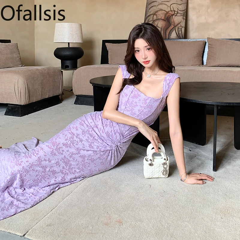 Ofallsis Fish Tail Fragmented Flower Long Irregular Unique Purple Sleeveless Dress 2024 Summer New Elegant Slim Evening Dresses