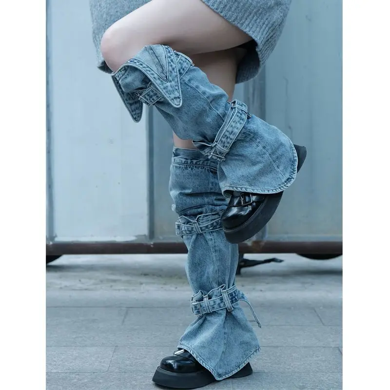 Y2K Long Sock Streetwear Leg Warmers Knee-Length Fashion Women\'s  Buckled Denim Leggings Stylish Jean Foot Socks for Lady Blue