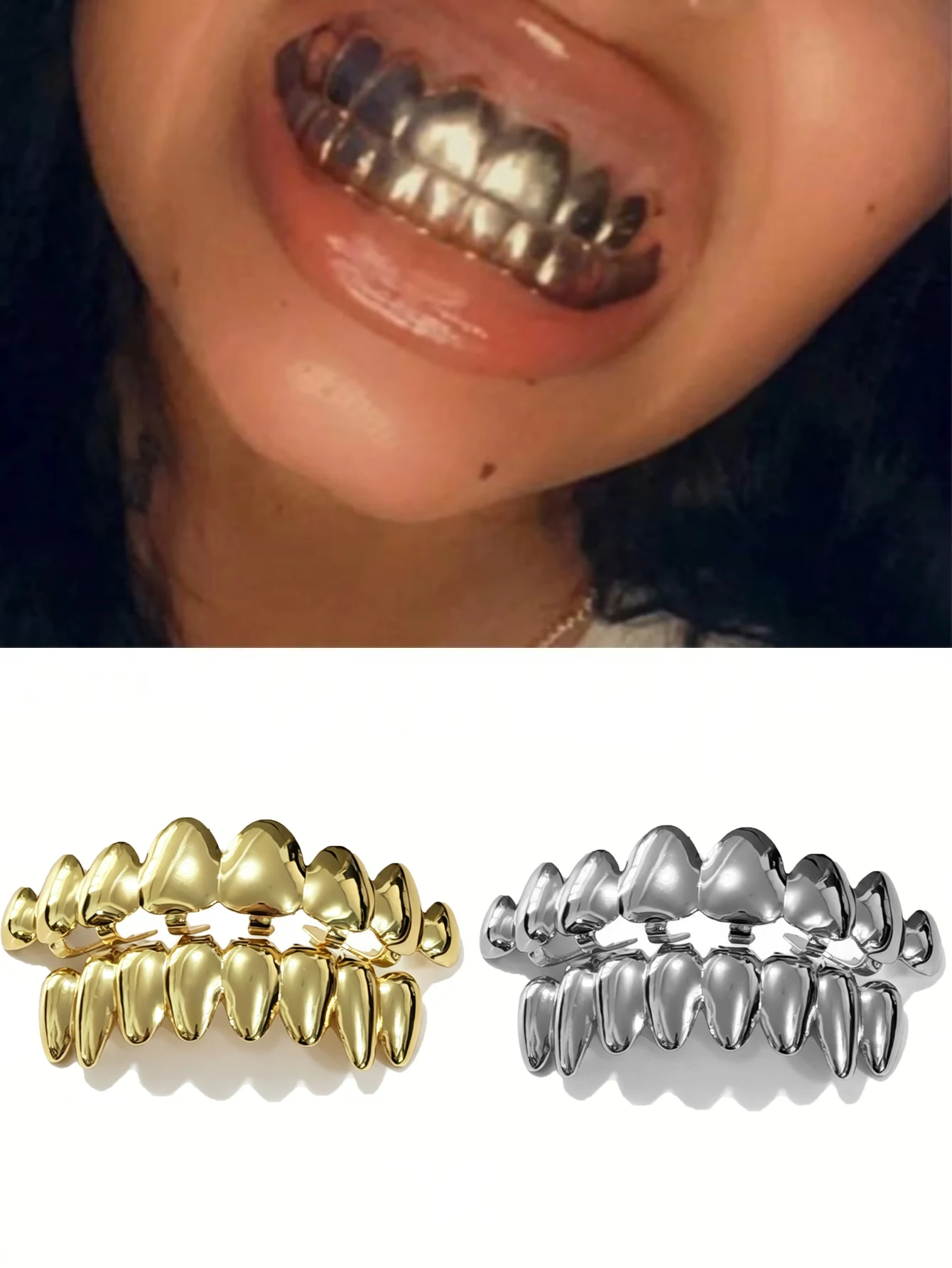 Hip-Hop Irregular Eight-Teeth Dental Braces Grillz Are Suitable For Both Men And Women As A Shiny Gold Tooth Accessory Item.